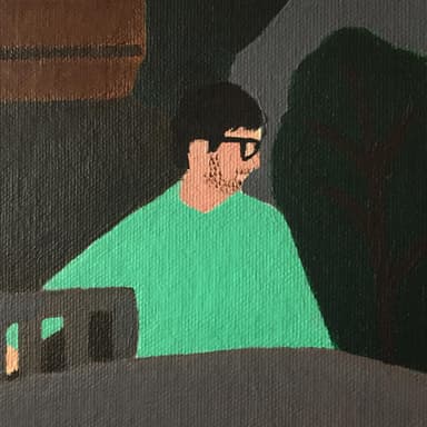 A painting of a man with glasses sitting at a table.